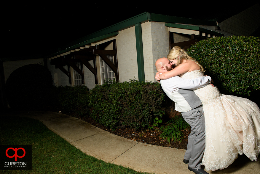 Couple after their Larkin's Sawmill wedding reception in Greenville,SC.