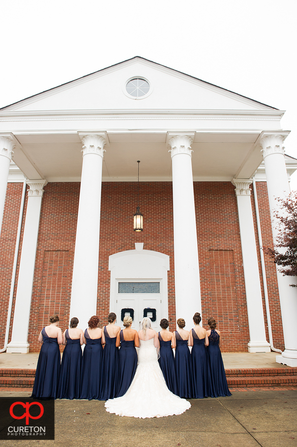 Bridesmaids in front of Berea First Baptist Church before the wedding.