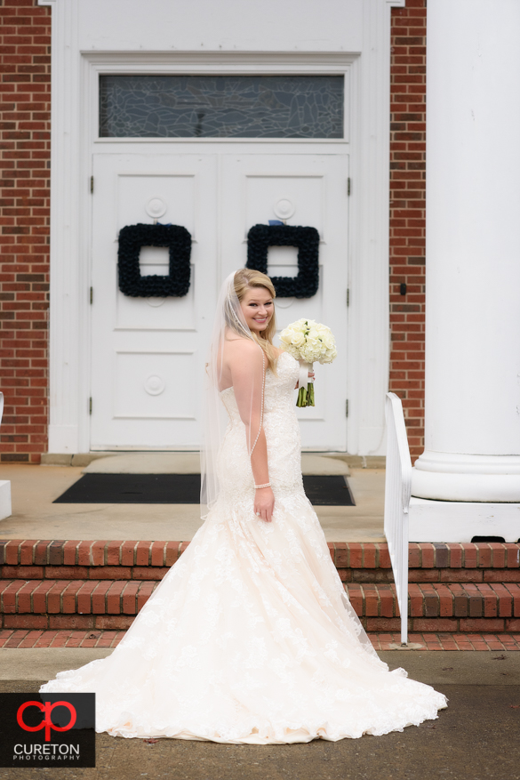 Bridesmaids in front of Berea First Baptist Church before the wedding.