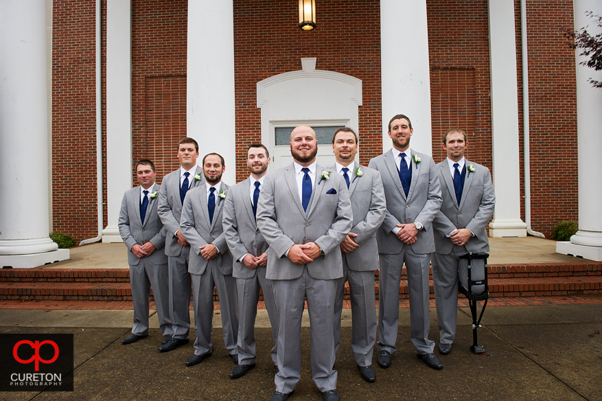 Groomsmen in front of Berea First Baptist Church before the wedding ceremony.