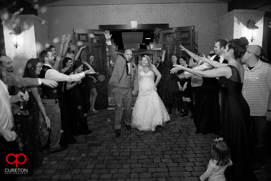 Bride and groom leave though confetti.