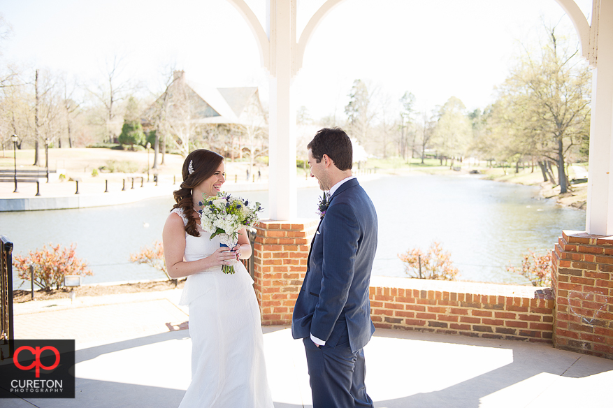 Bride and groom sharing first look.