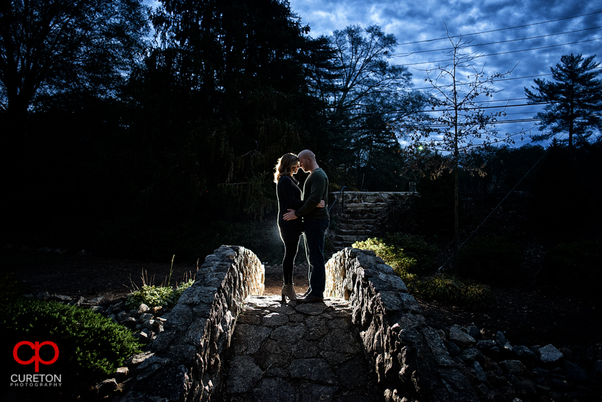 Twilight fall engagement at the Rock Quarry Garden.