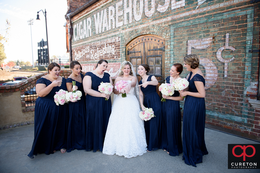 Bride and bridesmaids at The Old Cigar Warehouse in downtown Greenville,SC.