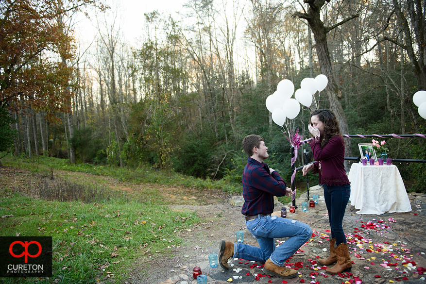 Man proposing to his fiancee at Campbell's covered bridge in Greer,SC.