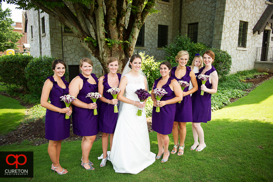 The bride and her bridesmaids in front of the church in Clemson,SC.