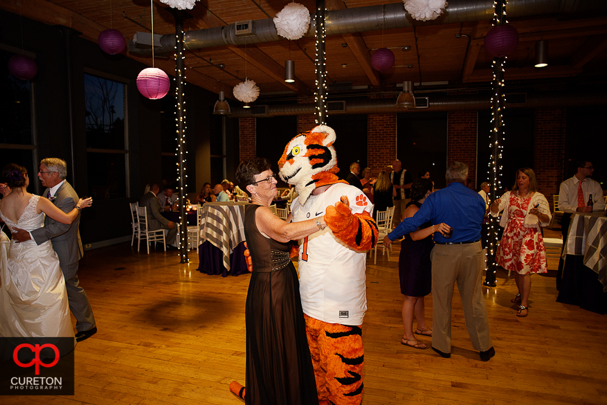 Wedding guest dance with the Clemson tiger.