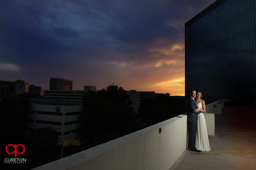 Bride and Groom at sunset after their Commerce Club wedding in Greenville,SC.