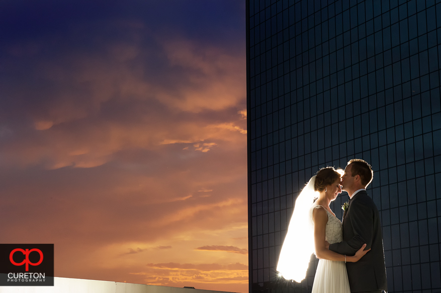 Bride and Groom at sunset after their Commerce Club wedding in Greenville,SC.