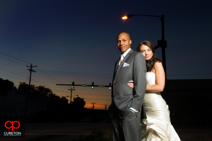 Sunset photo of a bride and groom after their wedding at the Upcountry History Museum in downtown Greenville,SC.