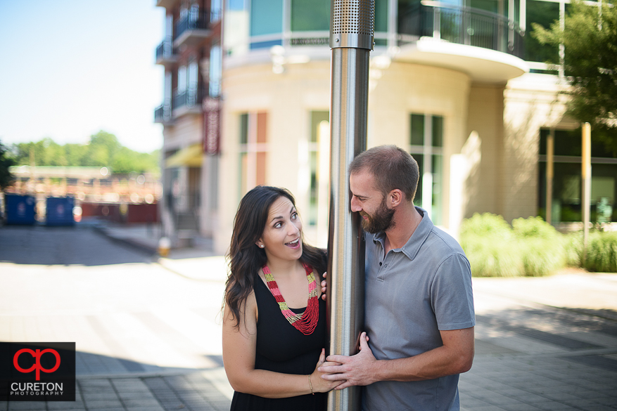 Couple staring at each other during a pre wedding engagement session in Greenville,SC..