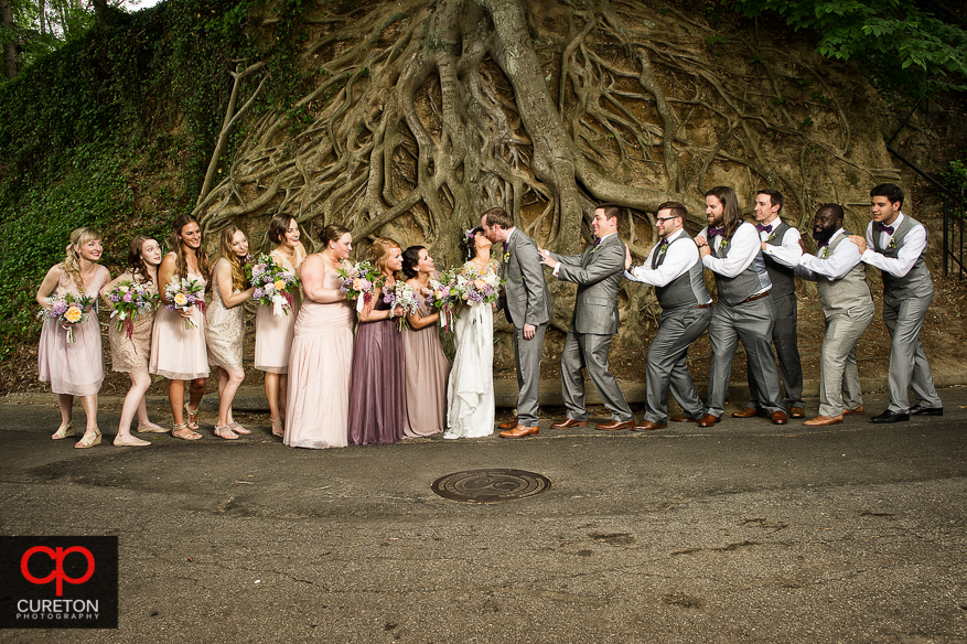 Bridal party in front of the famous tree in falls park.