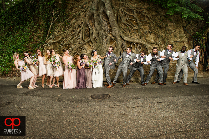 Wedding party in front of the tree in Falls Park in downtown Greenville.