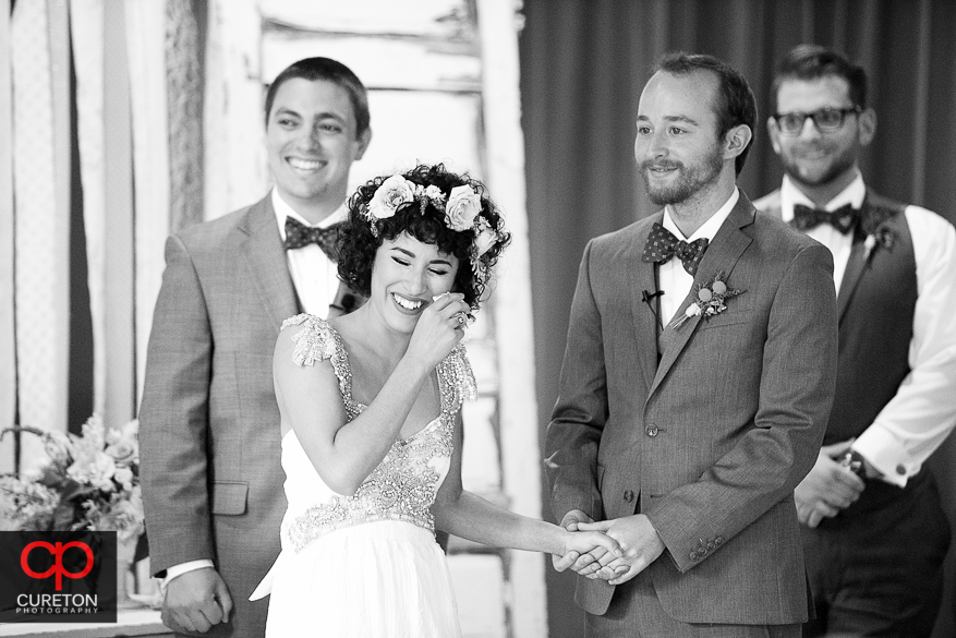 Bride cries during the ceremony.