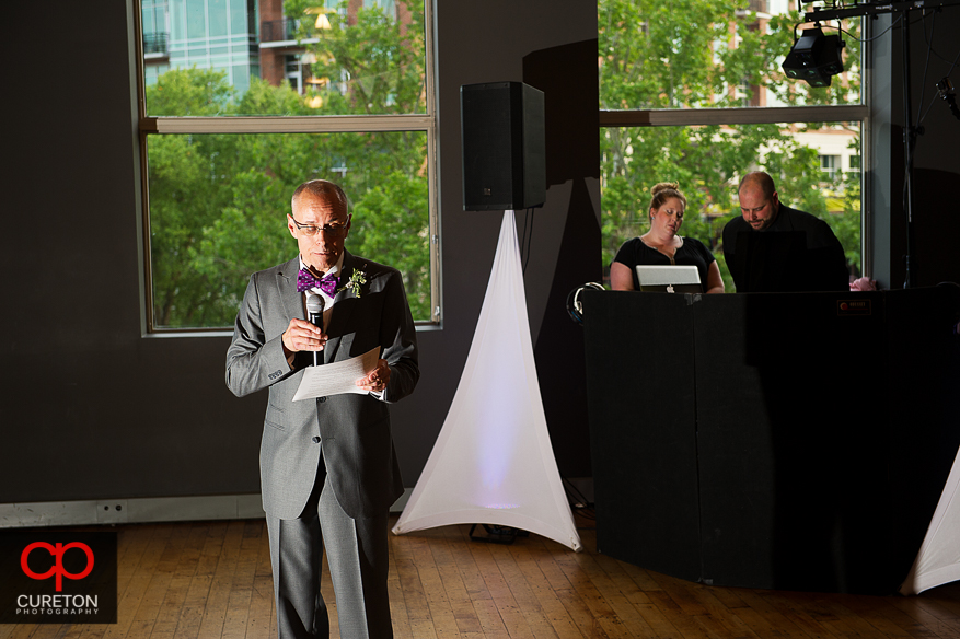 Bride;s father gives a welcome speech.