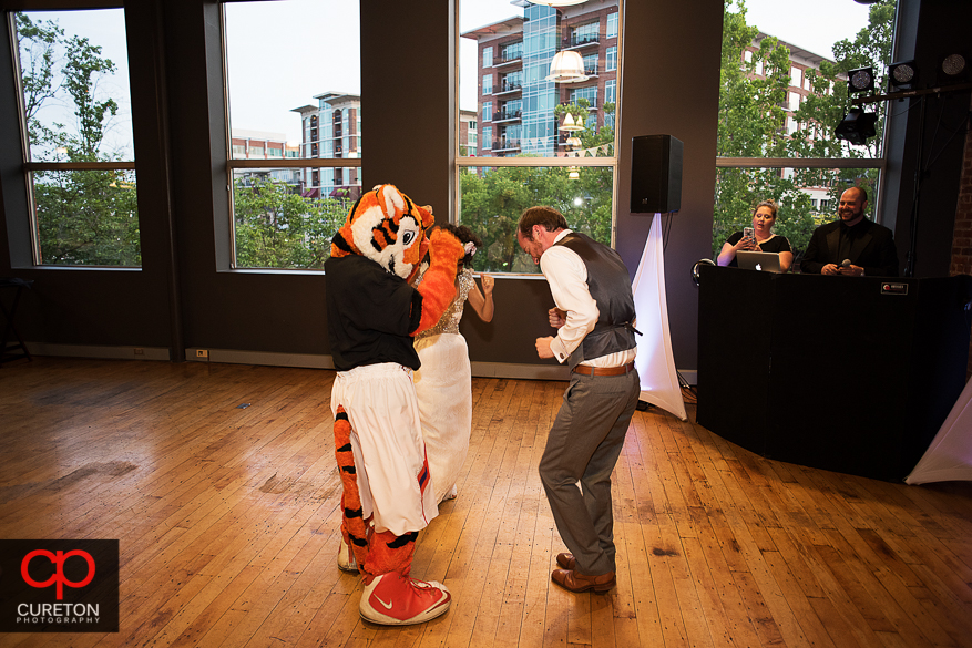 Couple dancing with the Clemson tiger at the wedding reception.