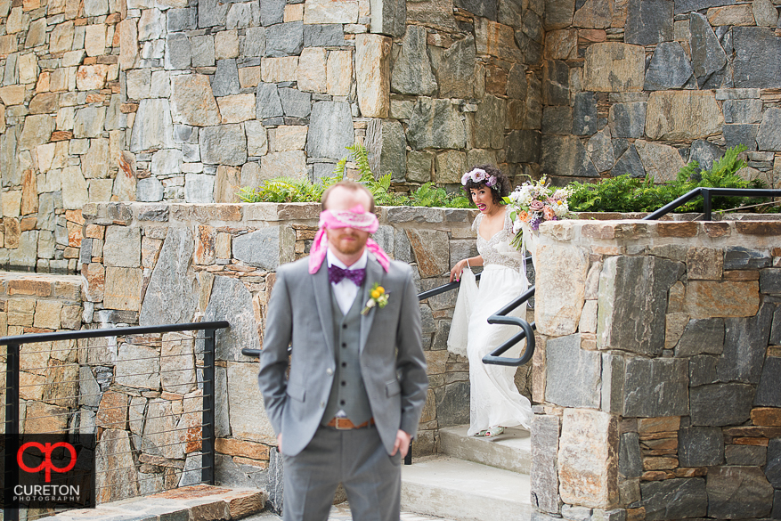 Bride and groom have first look in downtown Greenville,SC.