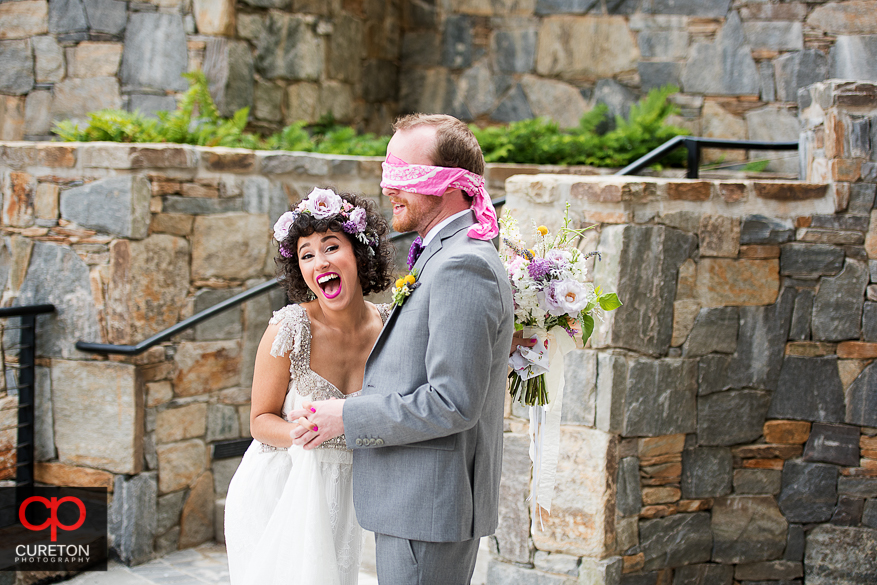 Bride and groom have first look in downtown Greenville,SC.