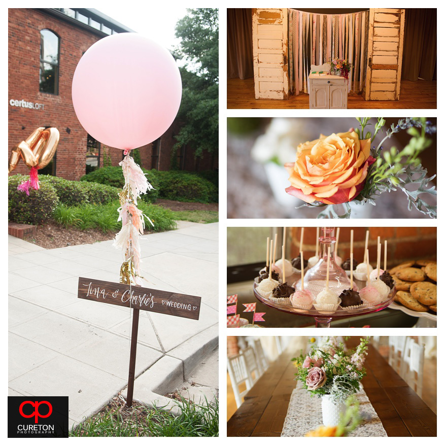 Vintage styled details and decor at a downtown Greenville,SC wedding.