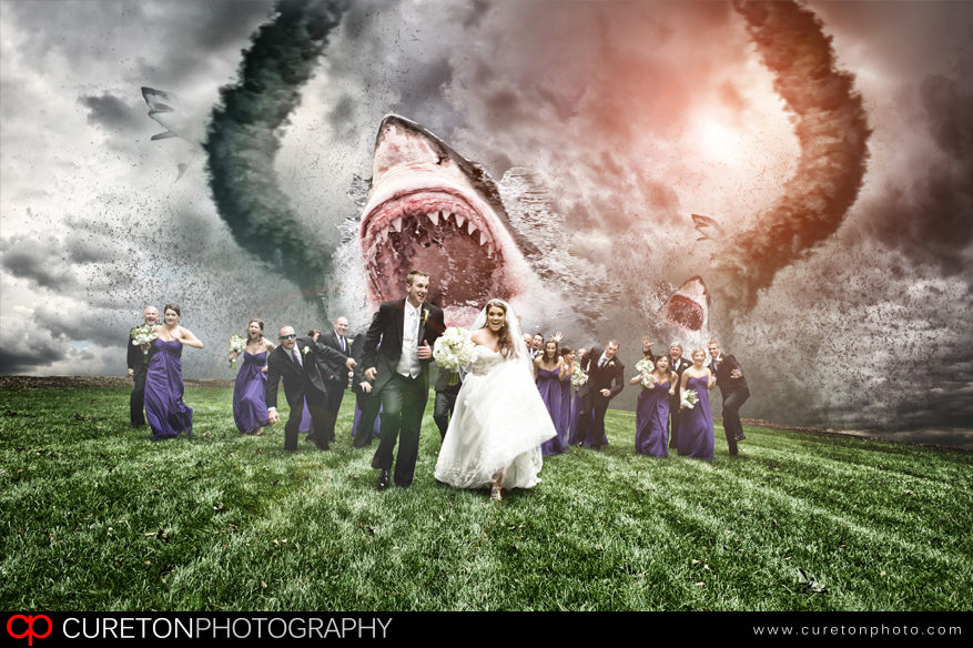 Wedding party being chased by a sharknado.
