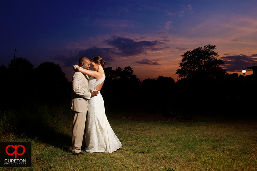 Bride and Groom after their the Loom wedding in Simpsonville,SC at sunset.