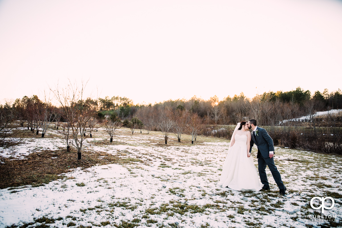 Bride and groom taking a walk in a snow covered pasture.