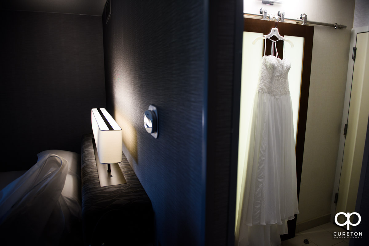 Bride's dress hanging up at the Hyatt Regency Hotel in downtown Greenville,SC.