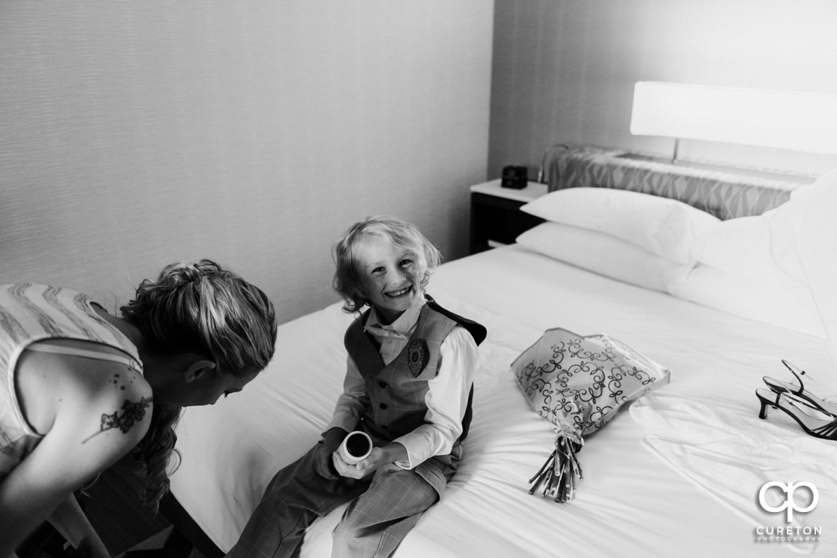 Bride's son getting ready for the ceremony.