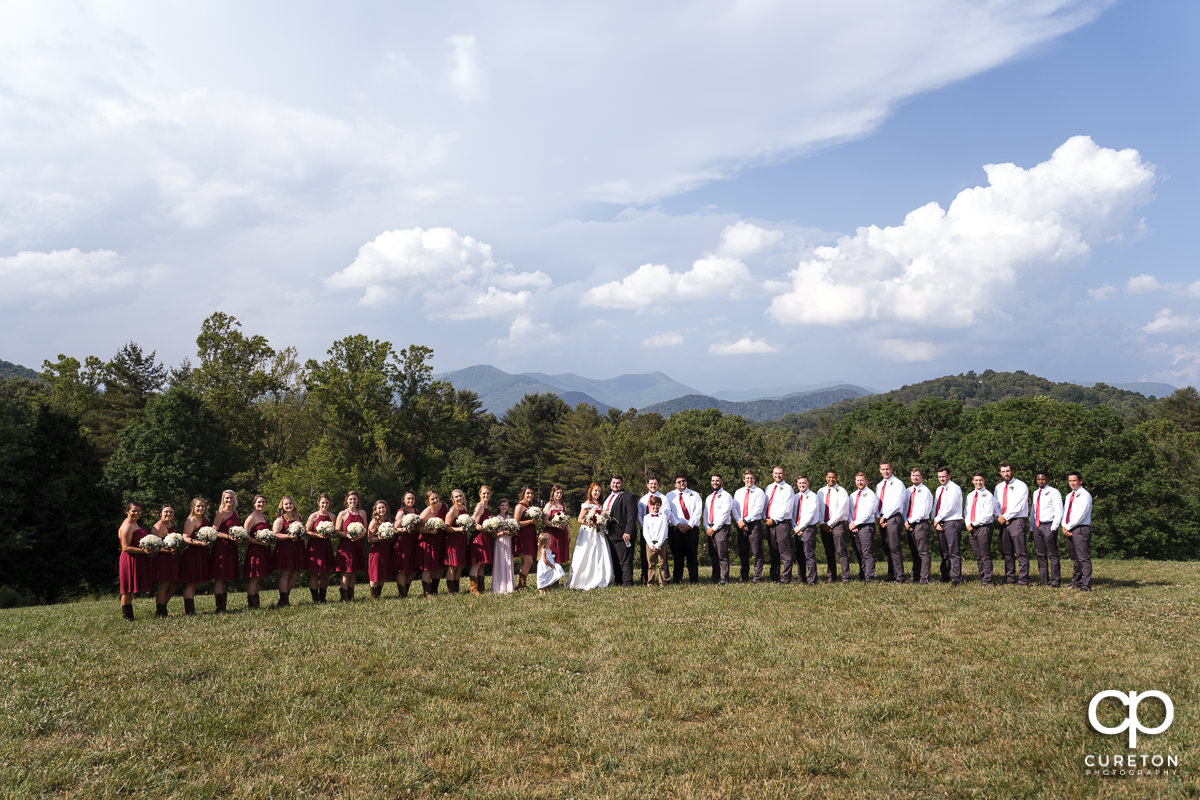 Wedding party standing in front of a mountain overlook at the outdoor wedding in Asheville,NC.