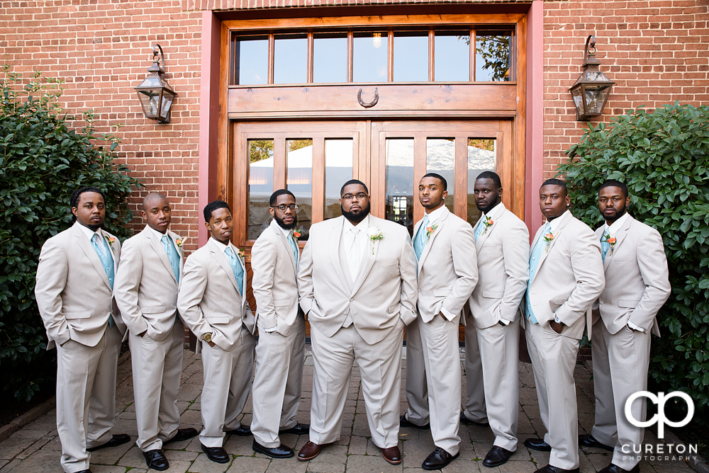 Groomsmen outside the Bleckley Inn.