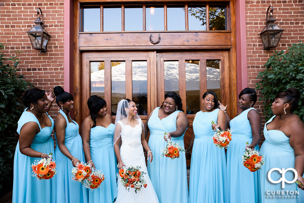 Bridesmaids outside of the Bleckley Inn.