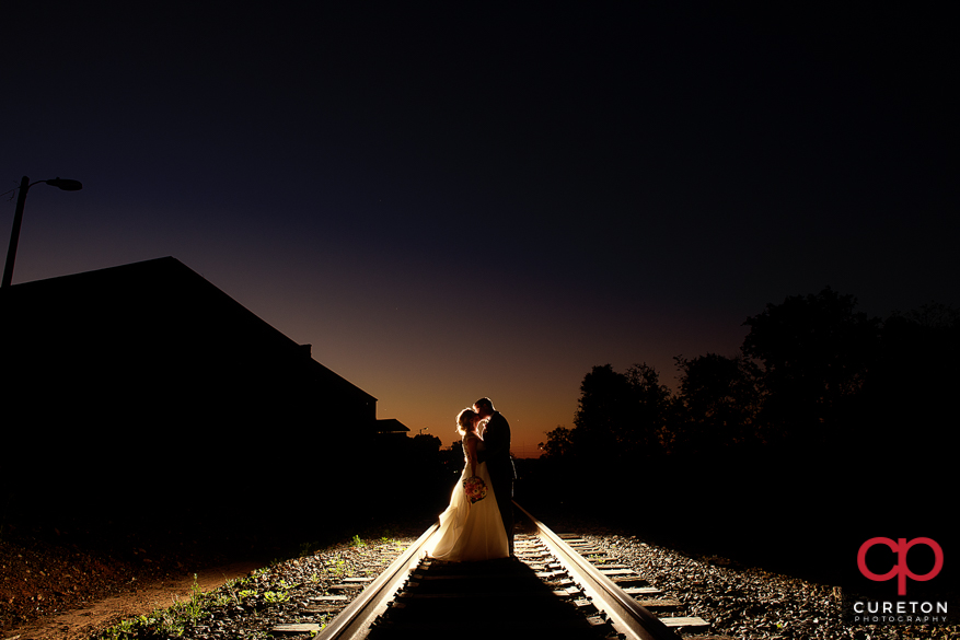 Bride and groom at sunset after an epic outdoor wedding at Zen in downtown Greenville,SC.