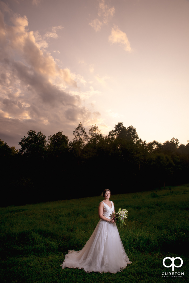 Bride in a field at sunset at a bridal session at Campbell's Covered Bridge in Greer,SC.