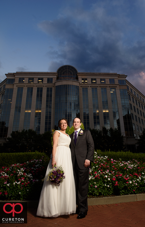 Bride and groom in downtown Charlotte NC.
