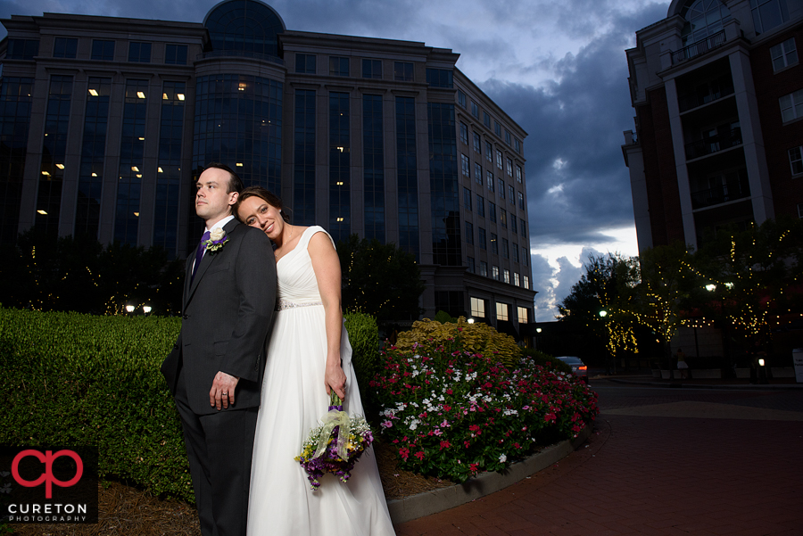 Bride and groom at sunset.