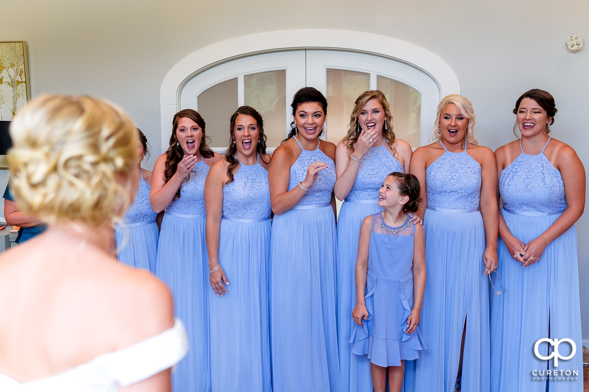 Bridesmaids seeing the bride in her dress for the first time in the bridal suite at Chestnut Ridge in Canton,NC.
