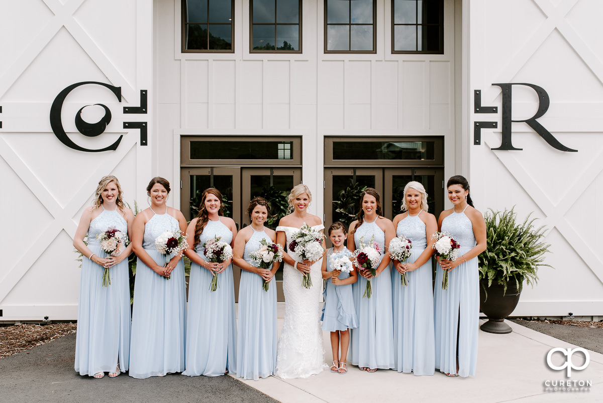 Bride and bridesmaids in front of Chestnut Ridge.