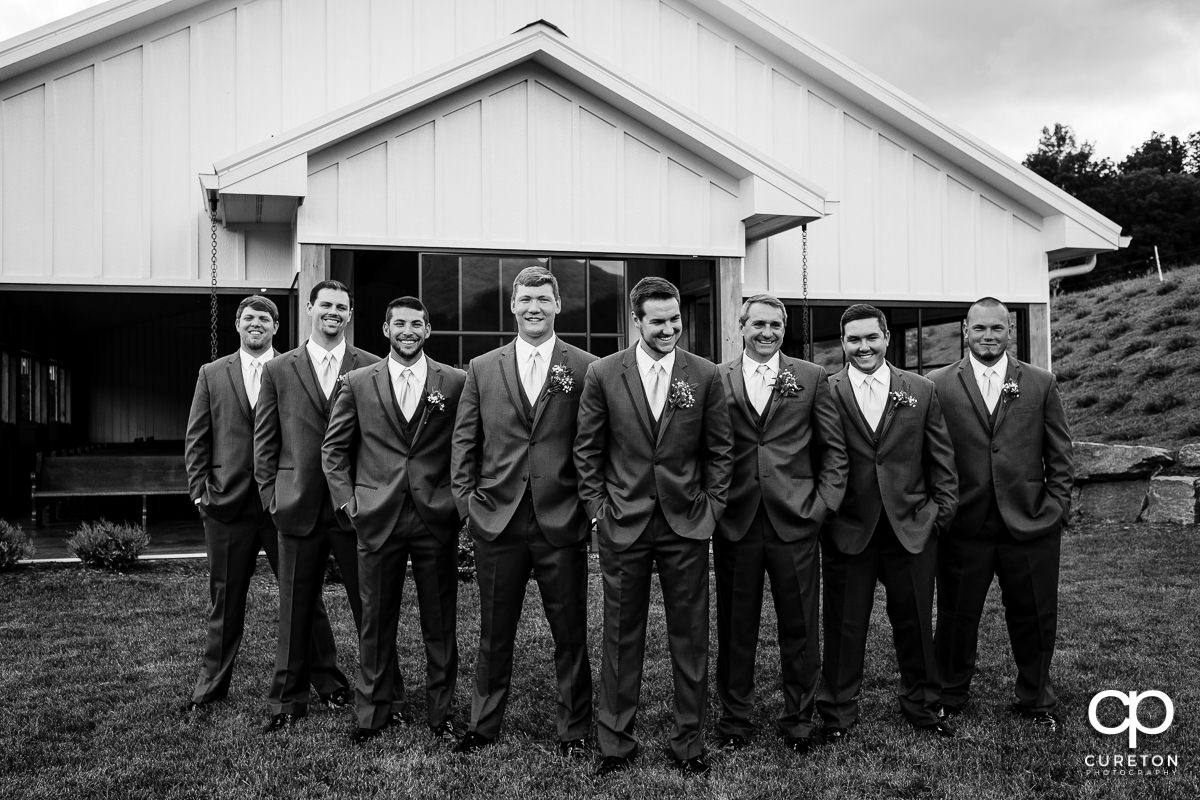 Black and white of the groom and groomsmen.