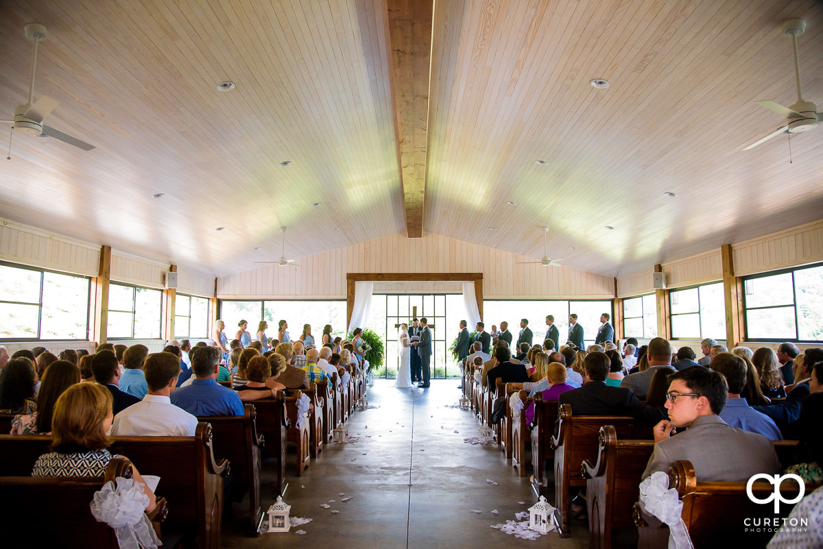 Panoramic view of a wedding ceremony at Chestnut Ridge in Canton,NC.