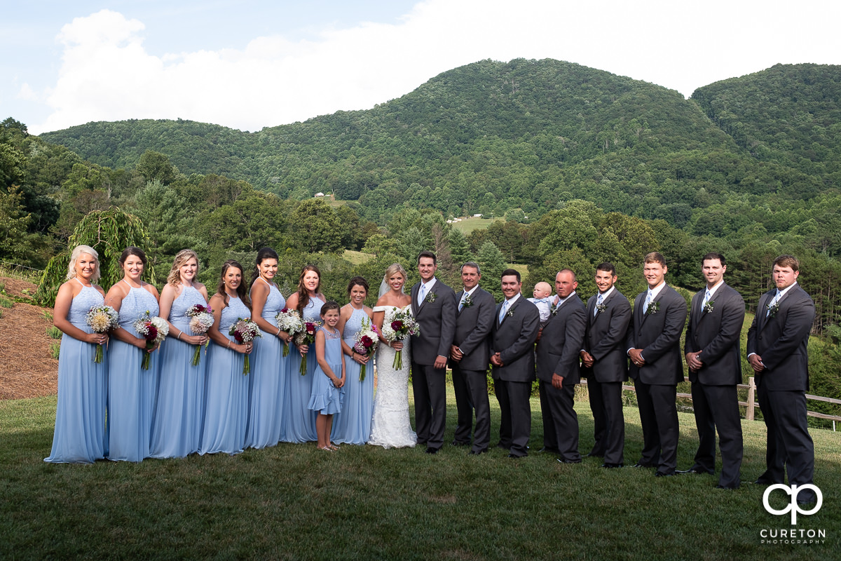 Wedding party with a mountain landscape behind them.