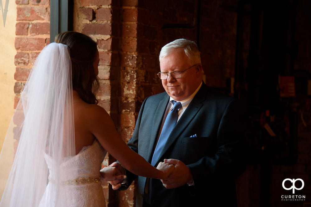 Bride's father sees her in the dress for the first time.