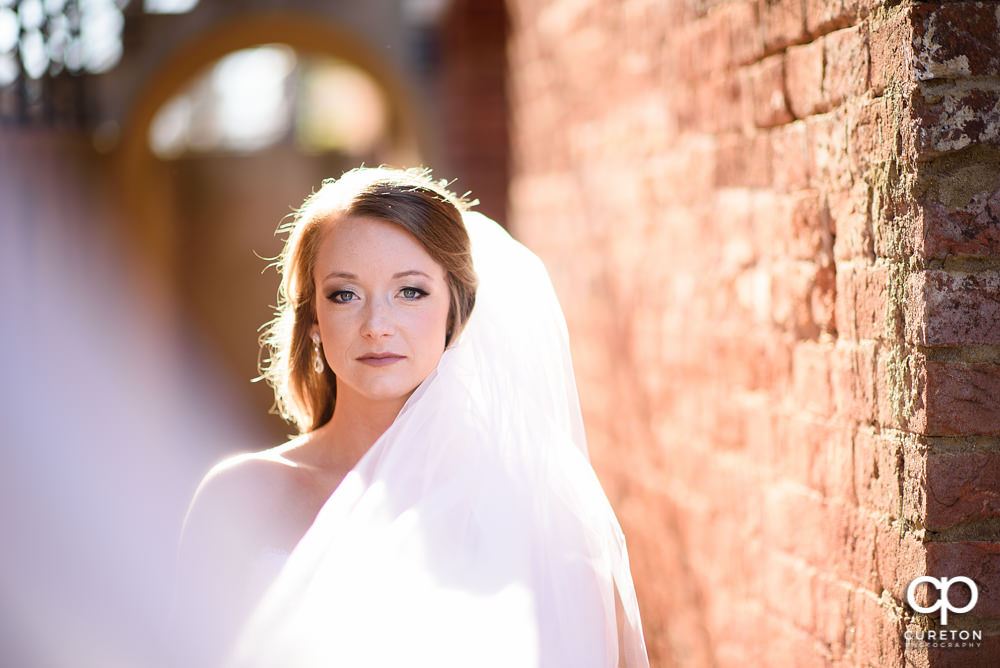 Bride in gorgeous sunlight outside the Old Cigar Warehouse before her wedding.