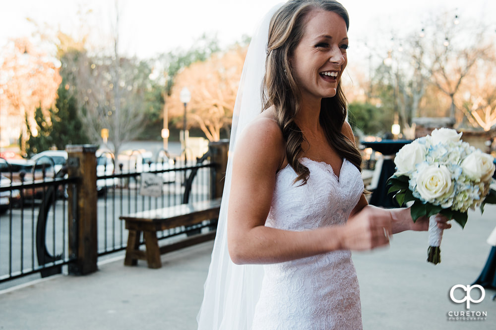 Happy bride befoer her wedding at Old Cigar Warehouse.