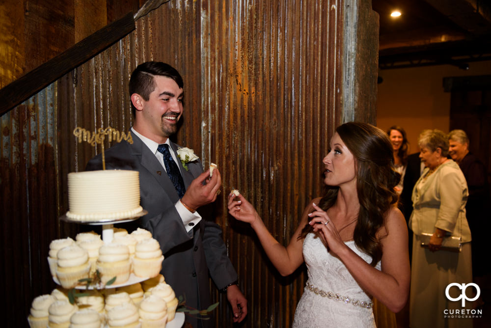 Bride and groom cutting the cake.