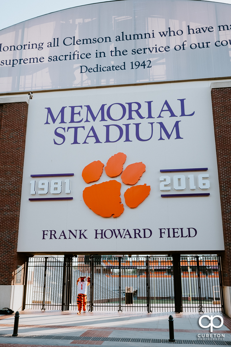 The Clemson Tiger waiting to get in to an empty stadium.