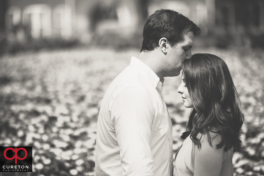 Black and white engagement photo.