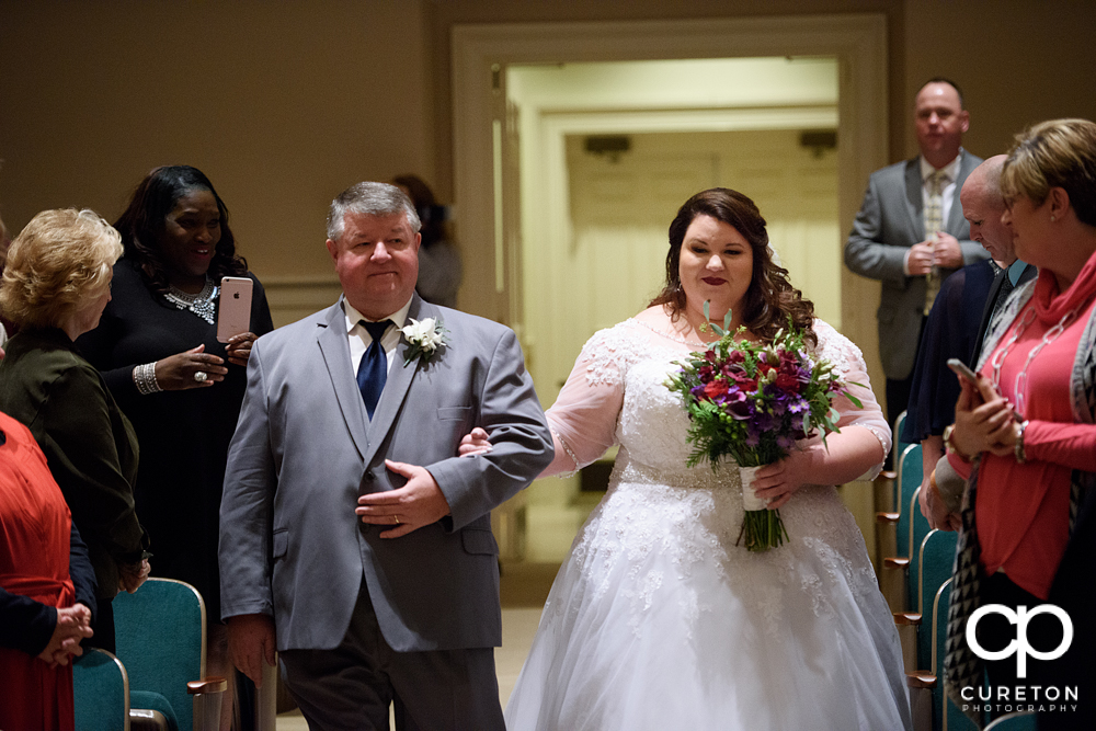 Bride and her father walking down the aisle at Southside Baptist Church in Spartanburg.
