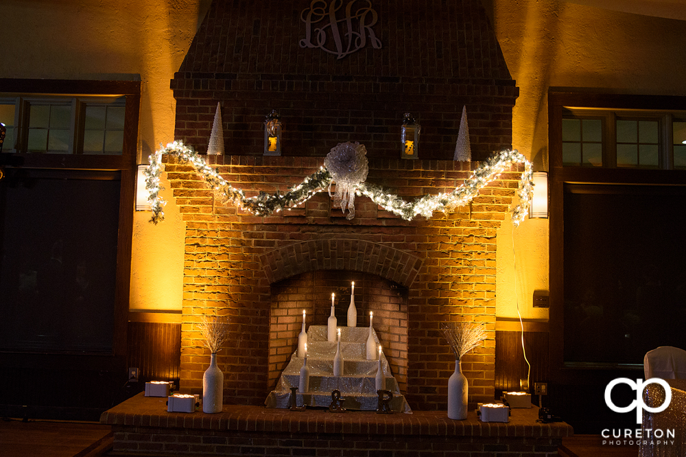Fireplace at Cleveland Park decorated for the wedding reception.