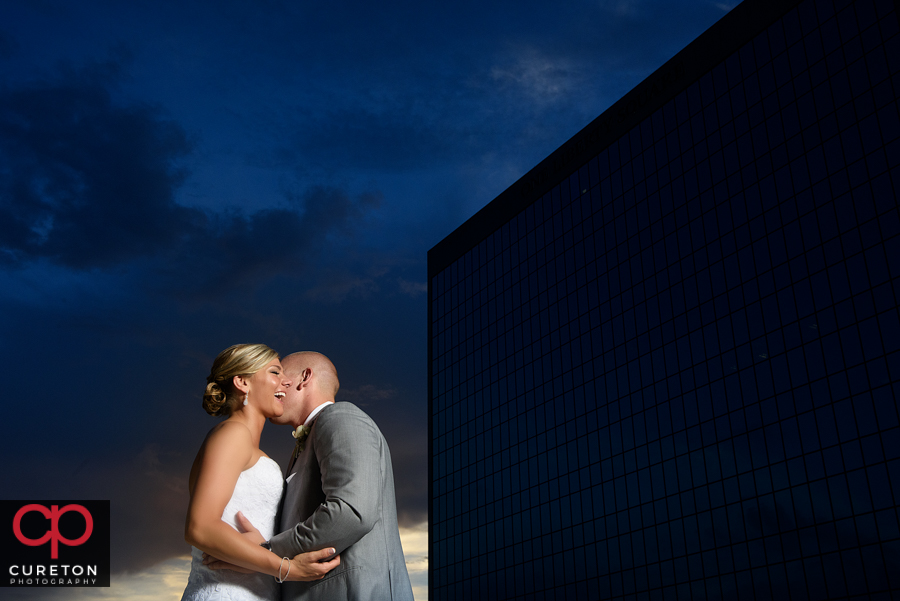 Bride and groom at sunset at their Commerce Club wedding.