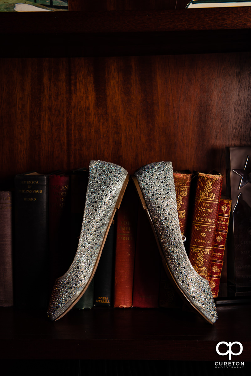 Bride's shoes in a bookcase.